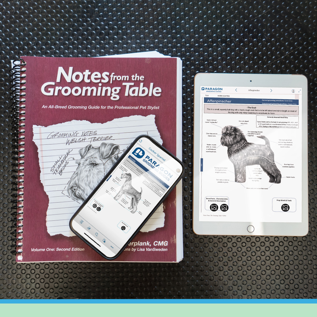 Image of dog grooming table with book Notes from the Grooming Table by Melissa Verplank beside a tablet with the digital experience and ebook of the authoritative dog grooming guide.